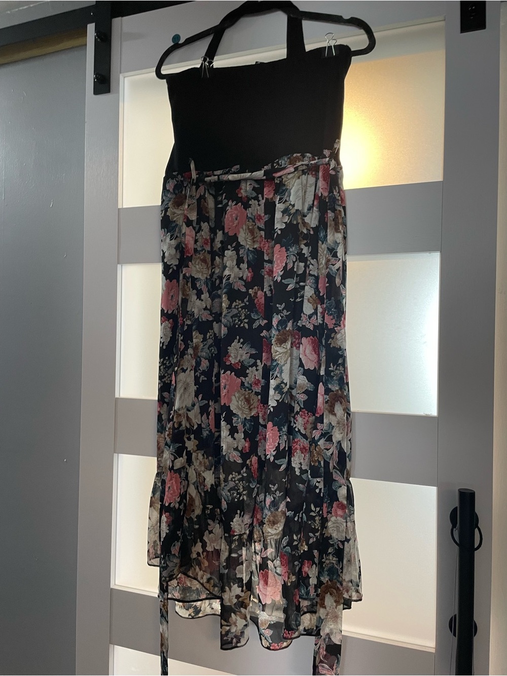 BloomChic Black Floral High-Low Maxi dress with Pink & Cream Roses - Picture 2 of 3